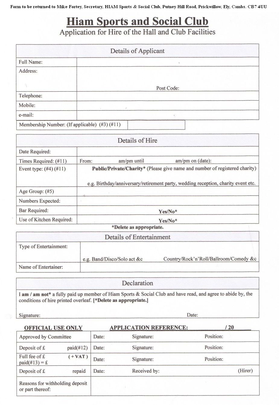 Hall Hire application form